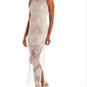Long white and nude lace mesh dress
